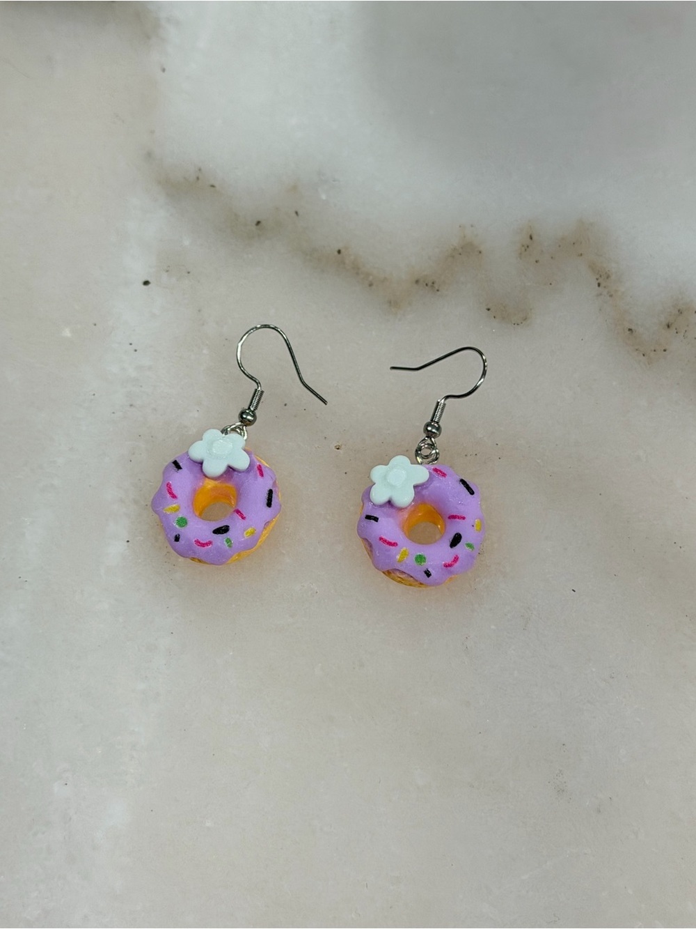Purple Donut Dangle Earrings with Flower Accent Novelty Jewelry